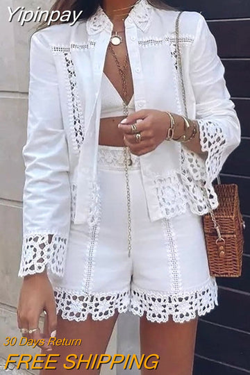 Yipinpay women's sets Contrast Lace Long Sleeve Top & High Waist Shorts Set set of two fashion pieces for women